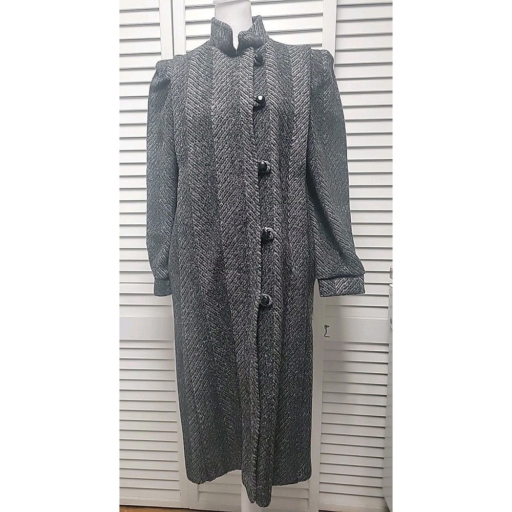 Vtg Herringbone Tweed Chevron Gray Wool Coat Puff Sleeve 80's EUC USA SZ 7